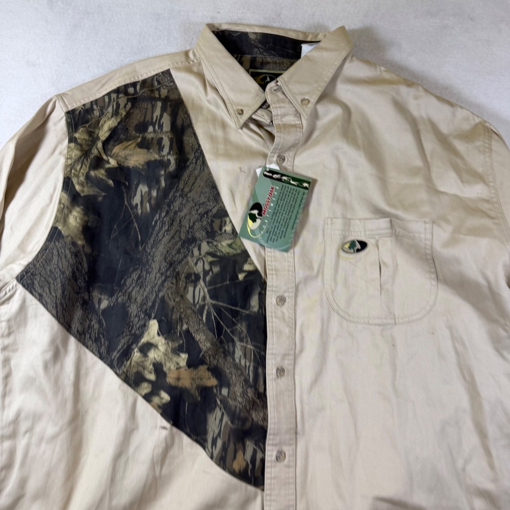 Mossy Oak Mens 2XL Tan Camo Panel Button Down Long Sleeve Hunting Shirt NWT